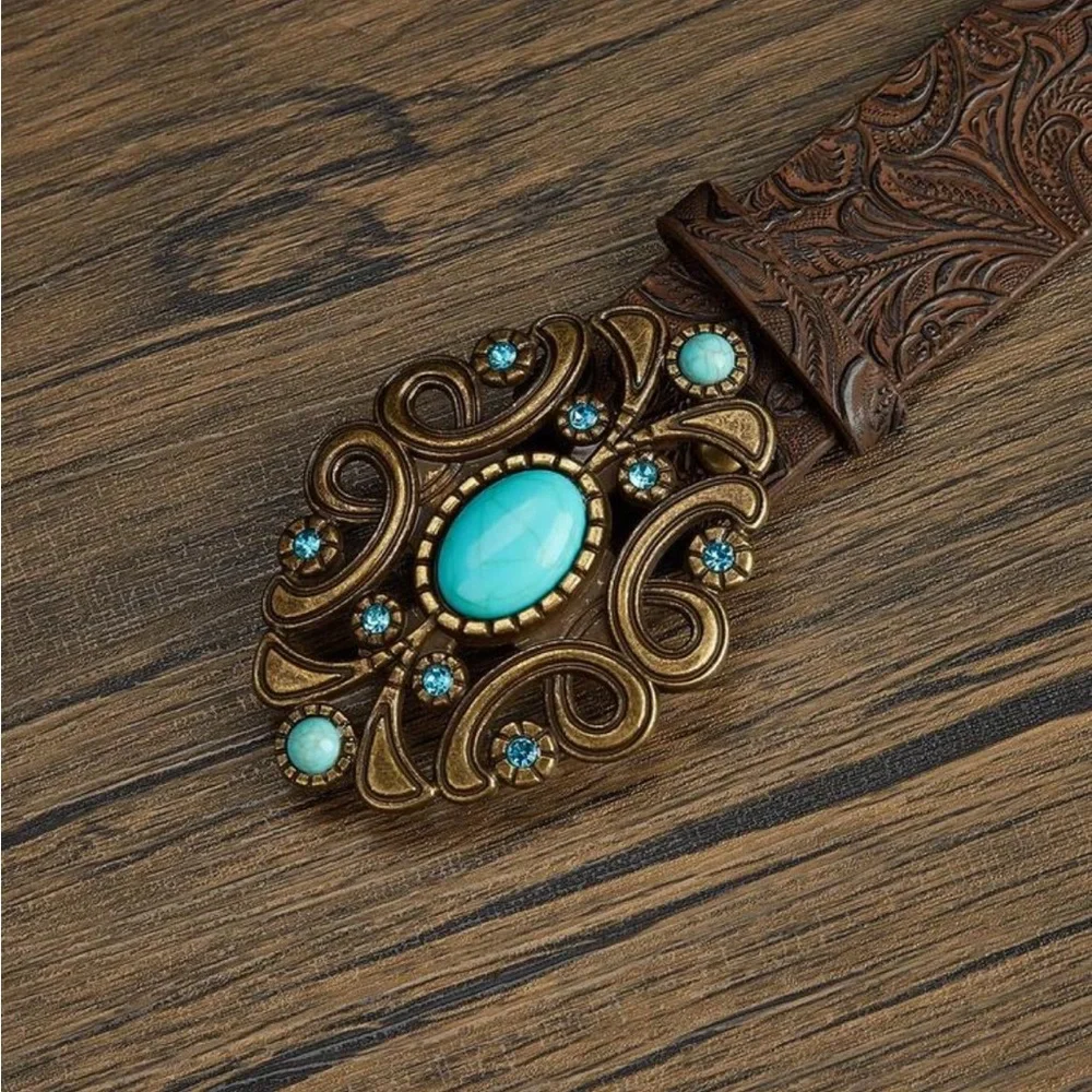 Turquoise Jewels Embossed Floral Faux Leather Bronze Buckle Belt Size Large